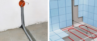 Carrelage sur le sol chaud de la salle de bain