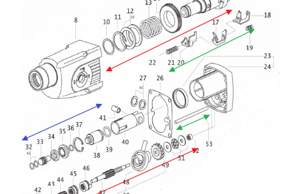Schéma du mécanisme d'impact et de l'arbre intermédiaire du perforateur Interskol P710ER